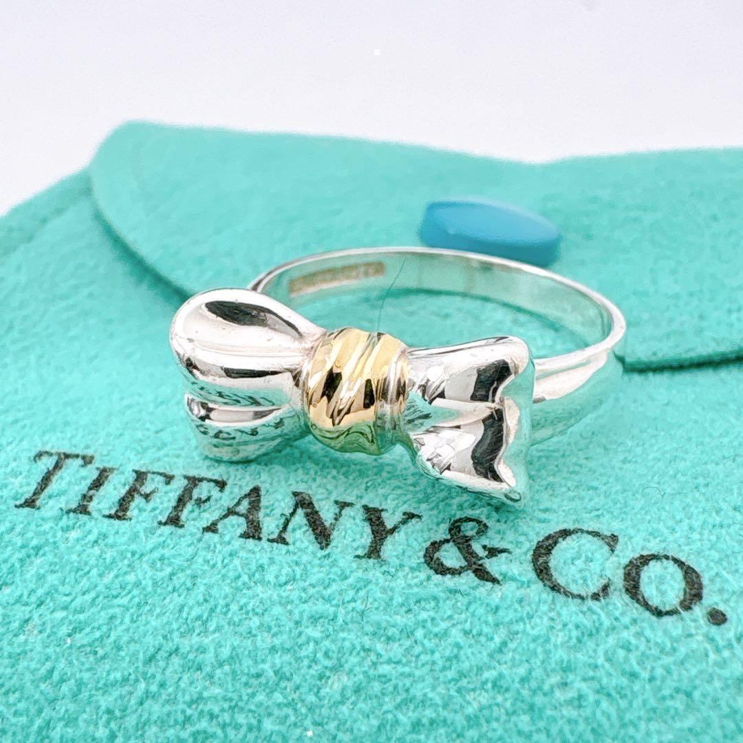 美品 オールドティファニー リボン コンビ リング 14.5号 シルバー k18