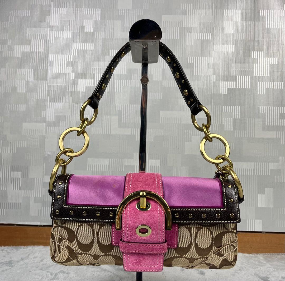 バッグ Coach Soho Pink Studs Singnature Bag NWT Modern Coach Signature Pink Trim Soho Shoulder Buckle Bag