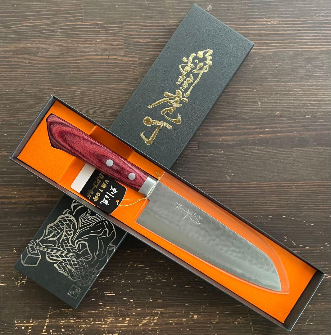 増谷刃物 訓平作 三徳包丁 VG10ステンレス 積層槌目 刻流 口金有