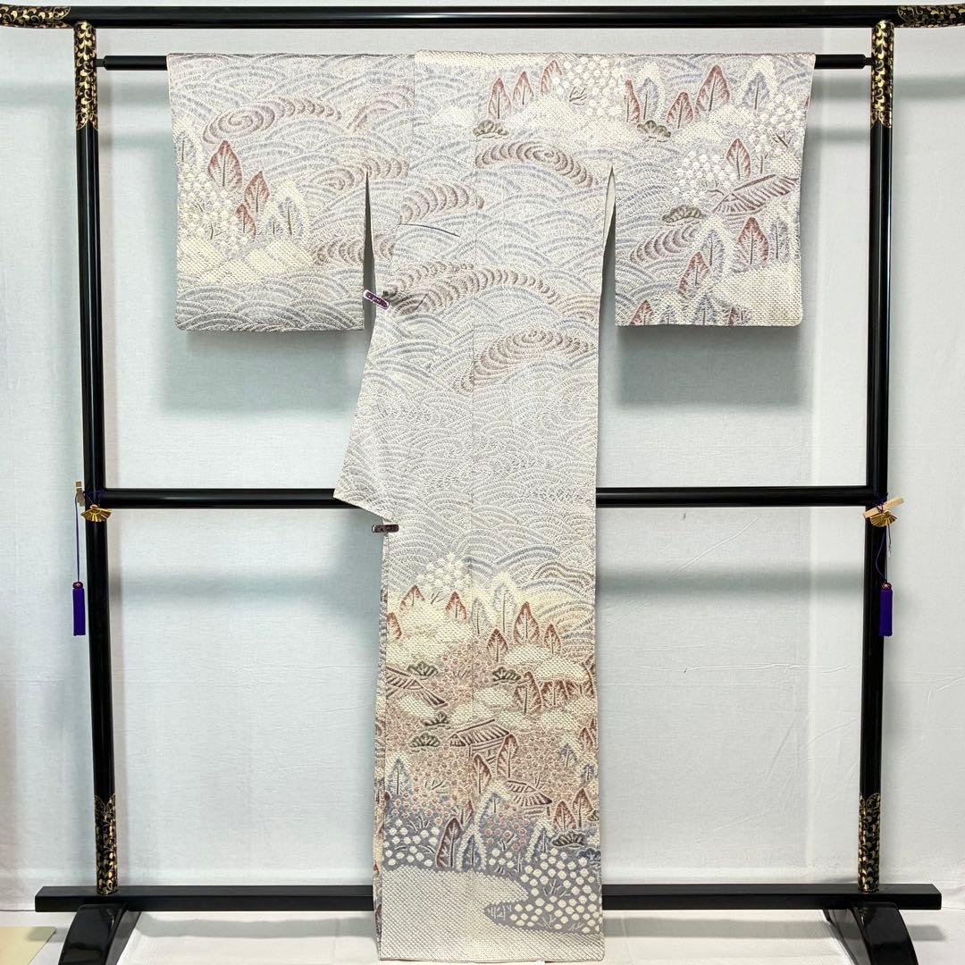 D208 藤娘きぬたや 本総絞り 訪問着 風景 流水 波 正絹 着物 袷 極美品