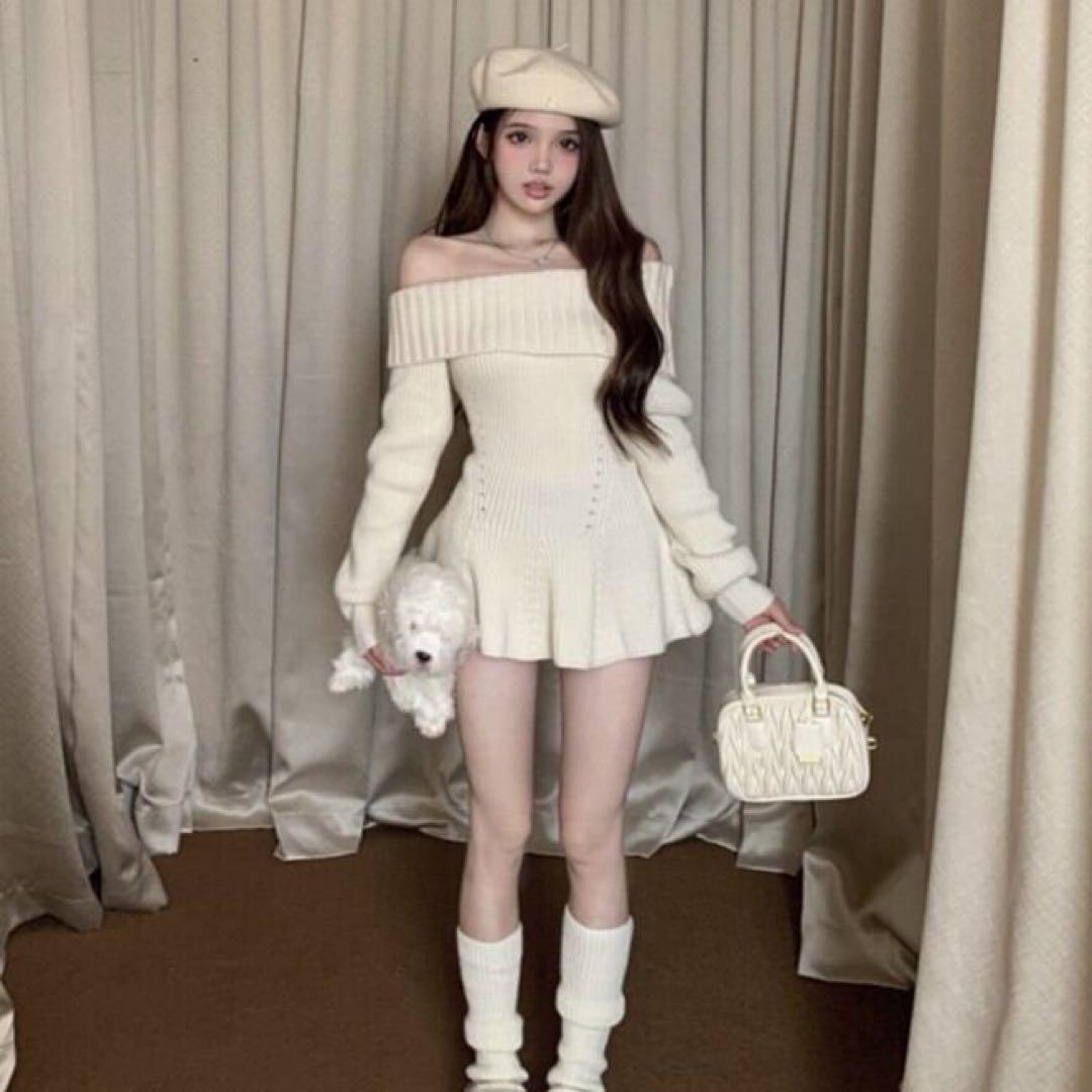 miu系穿搭 オフショルダーニットワンピース ミニワンピース ワンホン