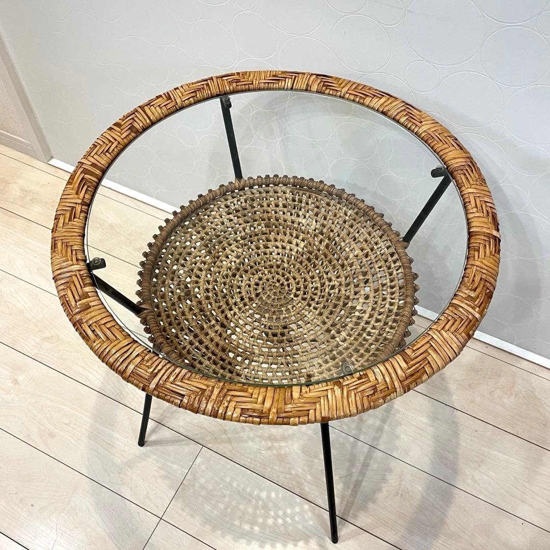 美品】ラタン ガラス天板 サイドテーブル 照明付き 間接照明 籐家具