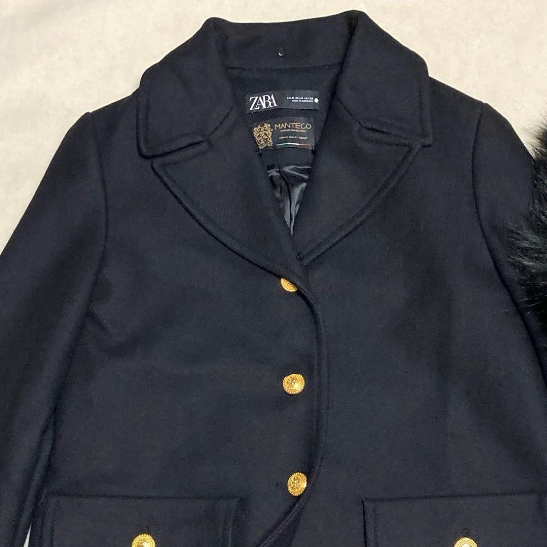 MANTECO ZARAイタリアンウールファー付 ロングコート L 金ボタン 黒