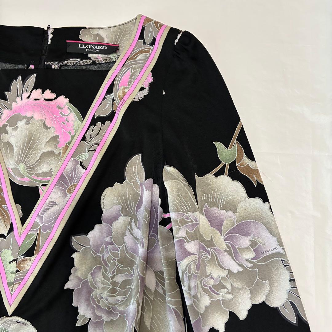 LEONARD レオナール カンカン ストレッチ 花柄 ワンピース 42サイズ