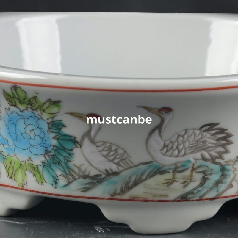 景徳鎮 磁器 手描きパステル彩鶴花鳥水仙鉢 大盆栽 小盆栽 工芸