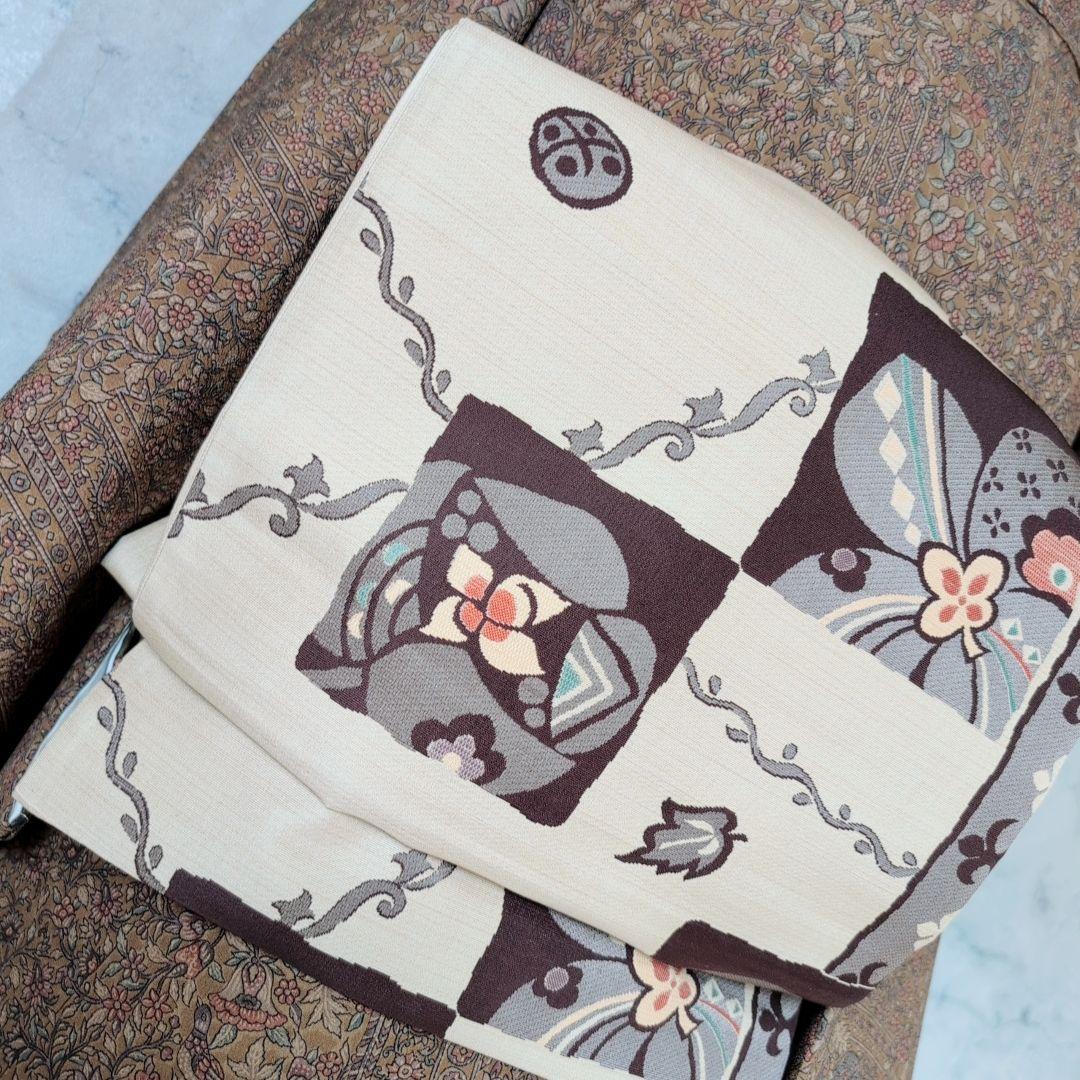 小紋付け下げ フルセット 着物 正絹 ブラウン 深緑 更紗 花 しつけ糸