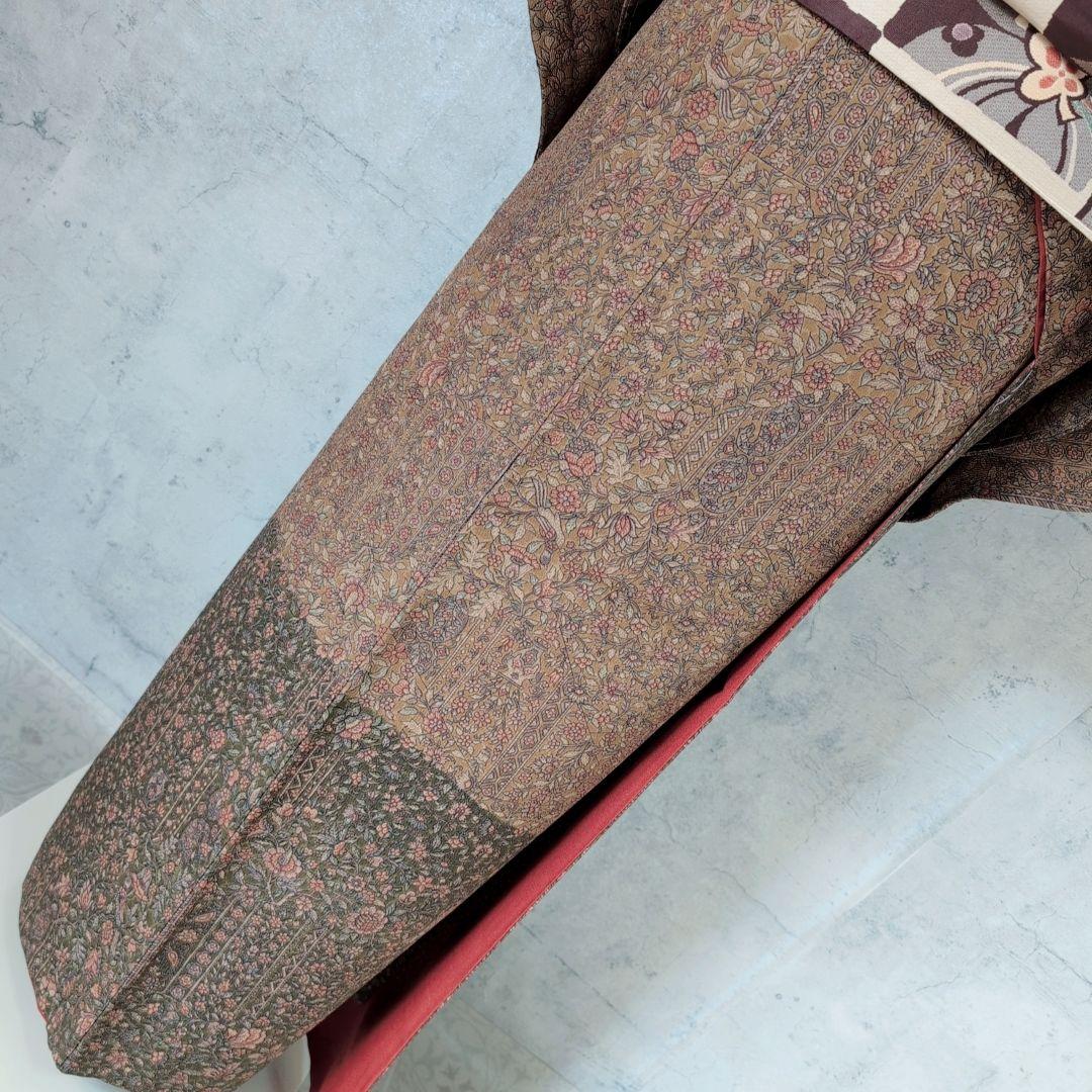 小紋付け下げ フルセット 着物 正絹 ブラウン 深緑 更紗 花 しつけ糸