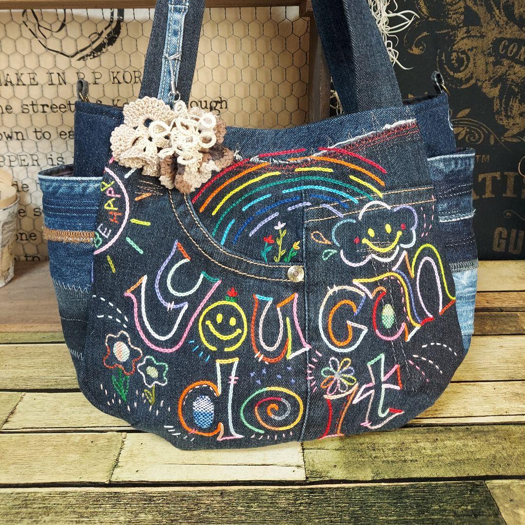 刺繍デニムバック　No.671　デニムリメイク　刺繍バック　サイドポケット サイドポケットデニムバック No.533～ デニムリメイク ショルダー