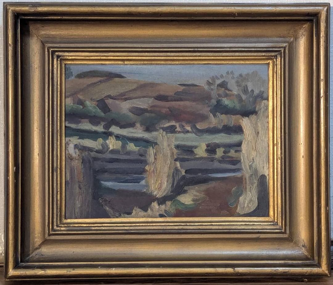 【真作】絵画　近藤晴彦　油彩3号（板絵）　渓谷の遠景　厚塗りタッチ　Y64 萬谷藤男「岬（北海道風景）」油絵・F6号 絵画買取・販売の小竹美術