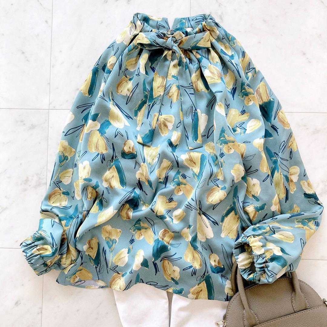 極美品 トゥモローランド ブーゲンビリアプリント ボウタイギャザー