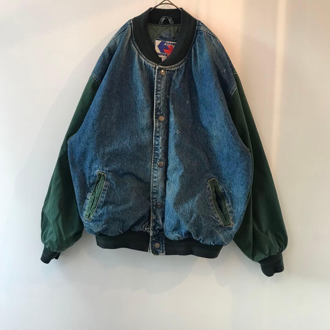 ms19古着 デニムジャケット 中綿 スタジャン 袖 グリーン 緑 - メルカリ