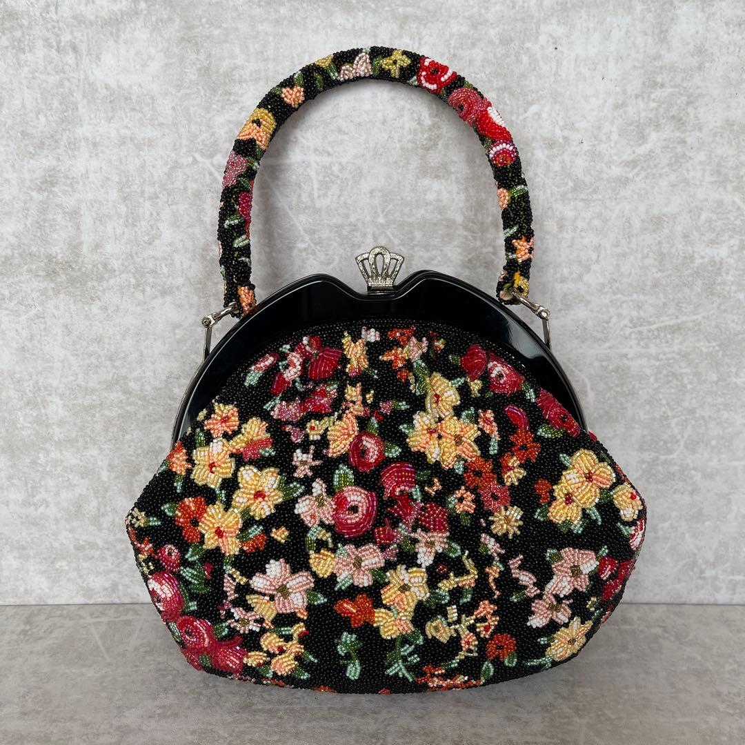 ⭐️一点物⭐️ 総ビーズバッグ 和装 手刺繍 総柄 花柄 がま口 着物 成人式 和装小物 ビーズバッグ ハンドバッグ がま口 花柄 昭和レトロ ビーズ