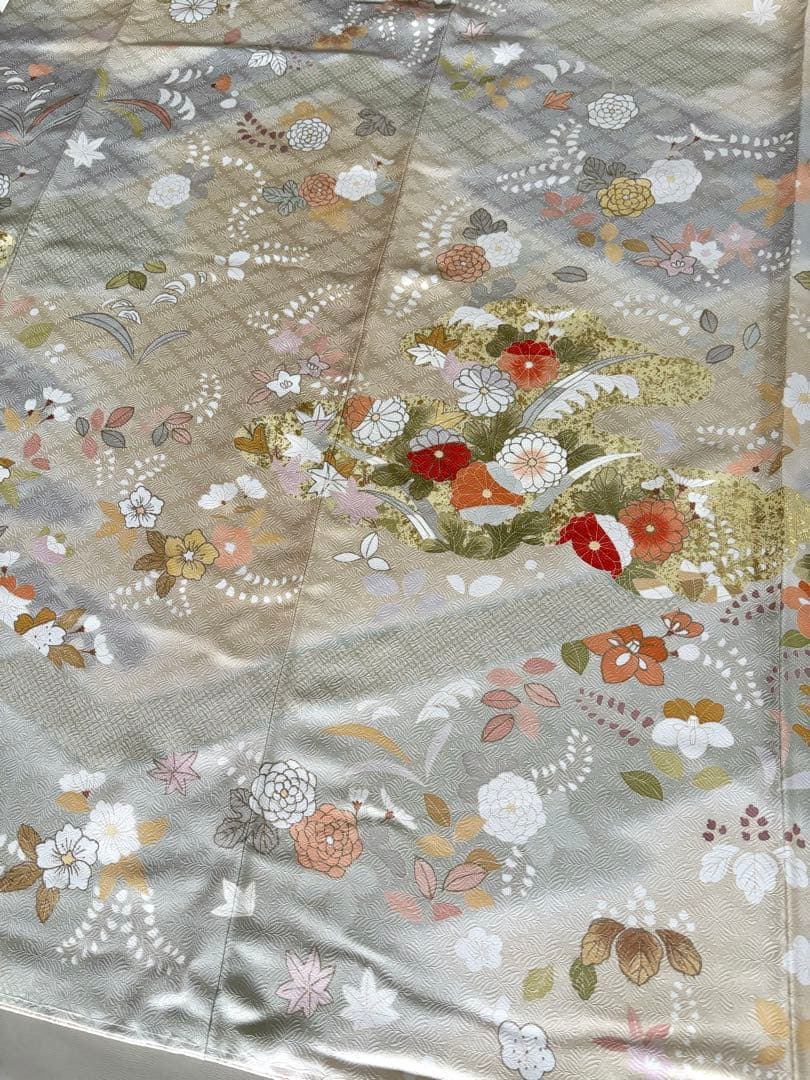 正絹 四季古典柄 友禅染 袷 訪問着 淡オレンジベージュ(和色:肌色) 未