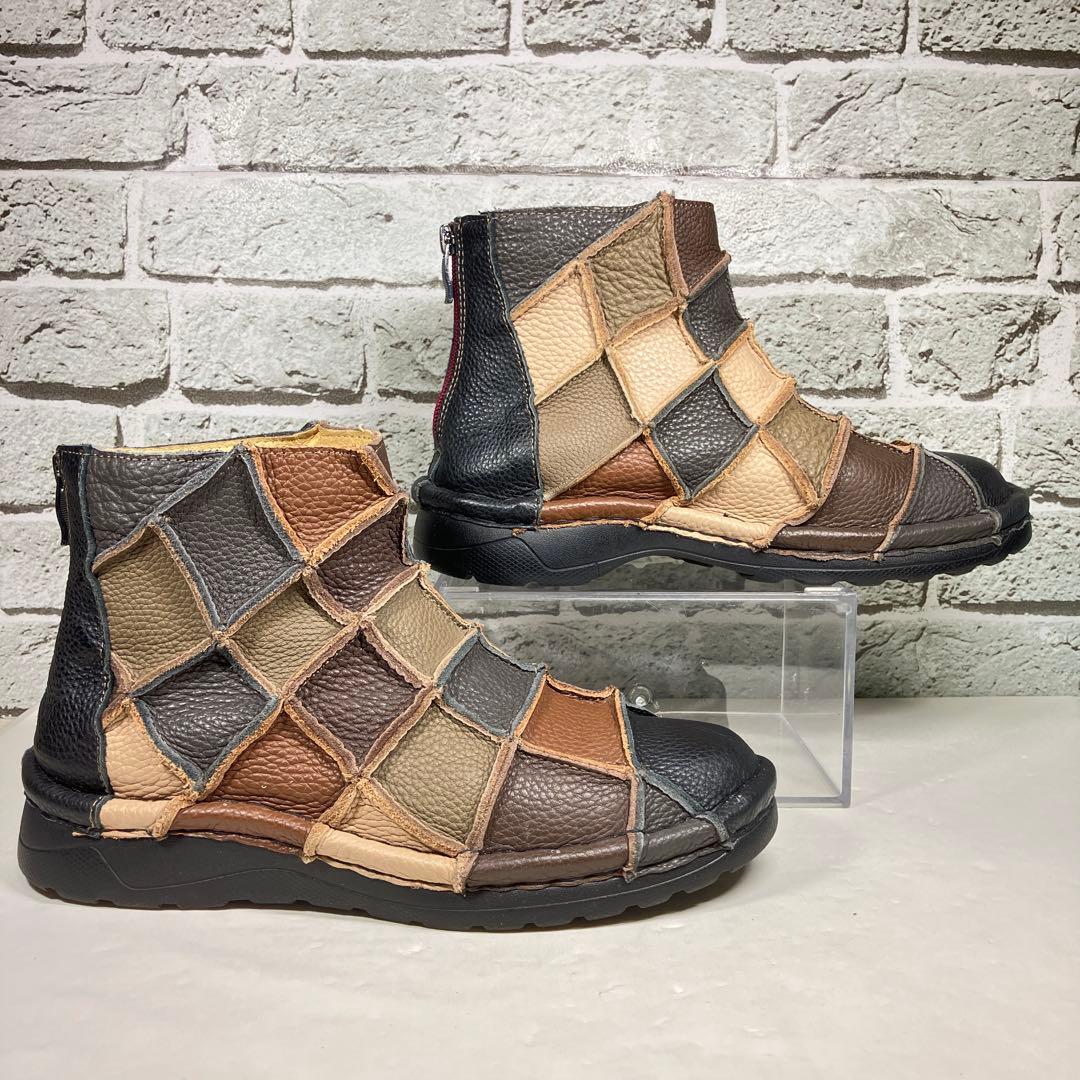 【レア】エスタシオン メンズ ブーツ 25.5cm パッチワーク バックジップ