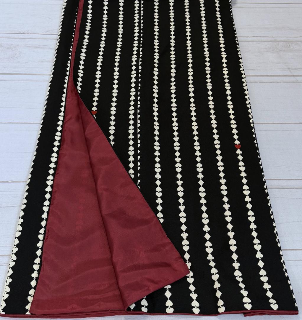 着物12 ふりふ いろはトランプストライプ柄袷着物 黒 身丈165裄丈