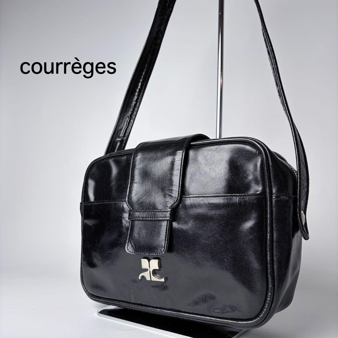 【フランス製】クレージュショルダーエナメルヴィンテージy2kブラック クレージュ】Courreges ショルダーバッグ エナメル 黒 ヴィンテージ