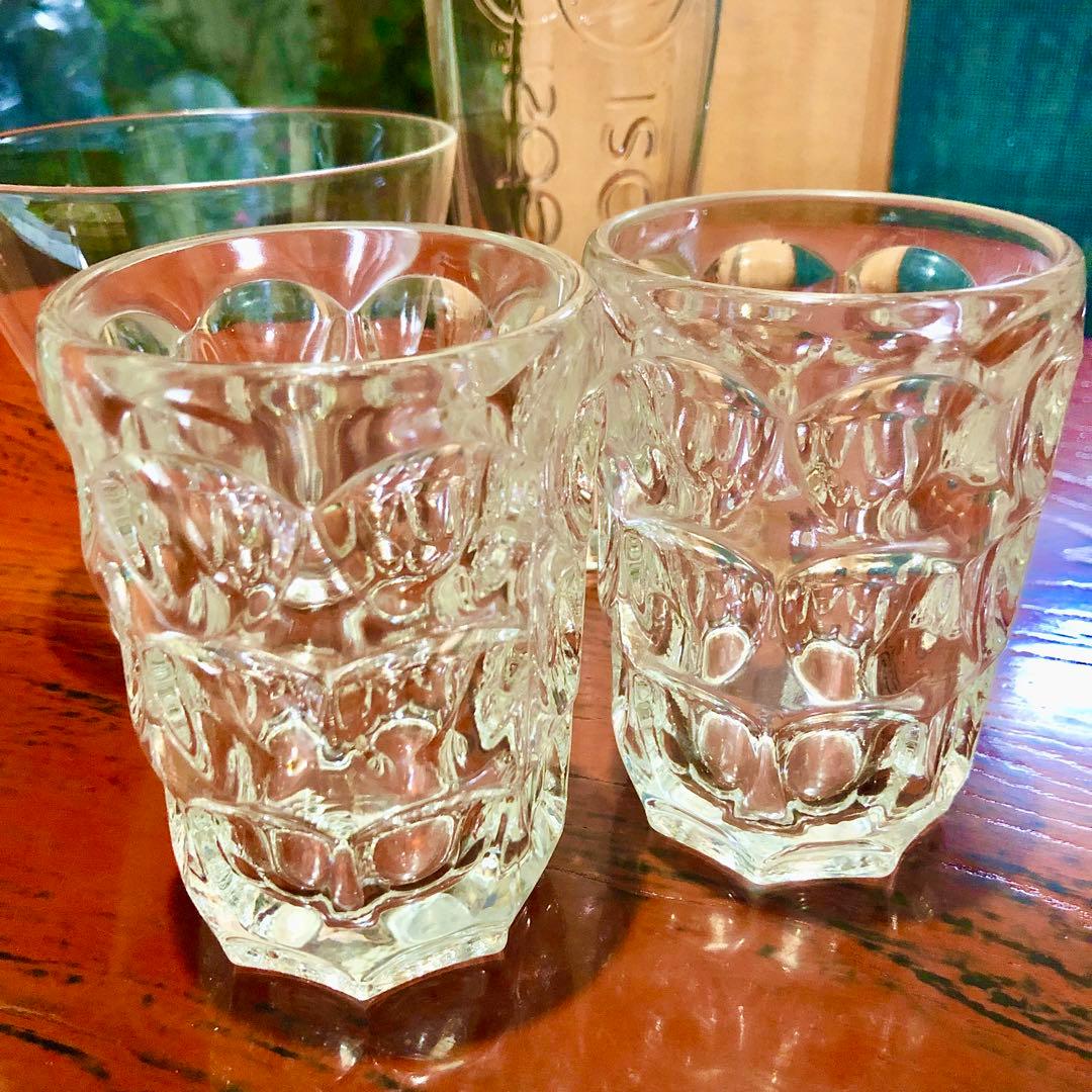 分厚い透明ガラスコップ2個セット 凹みデザイン レーコー 昭和レトロ