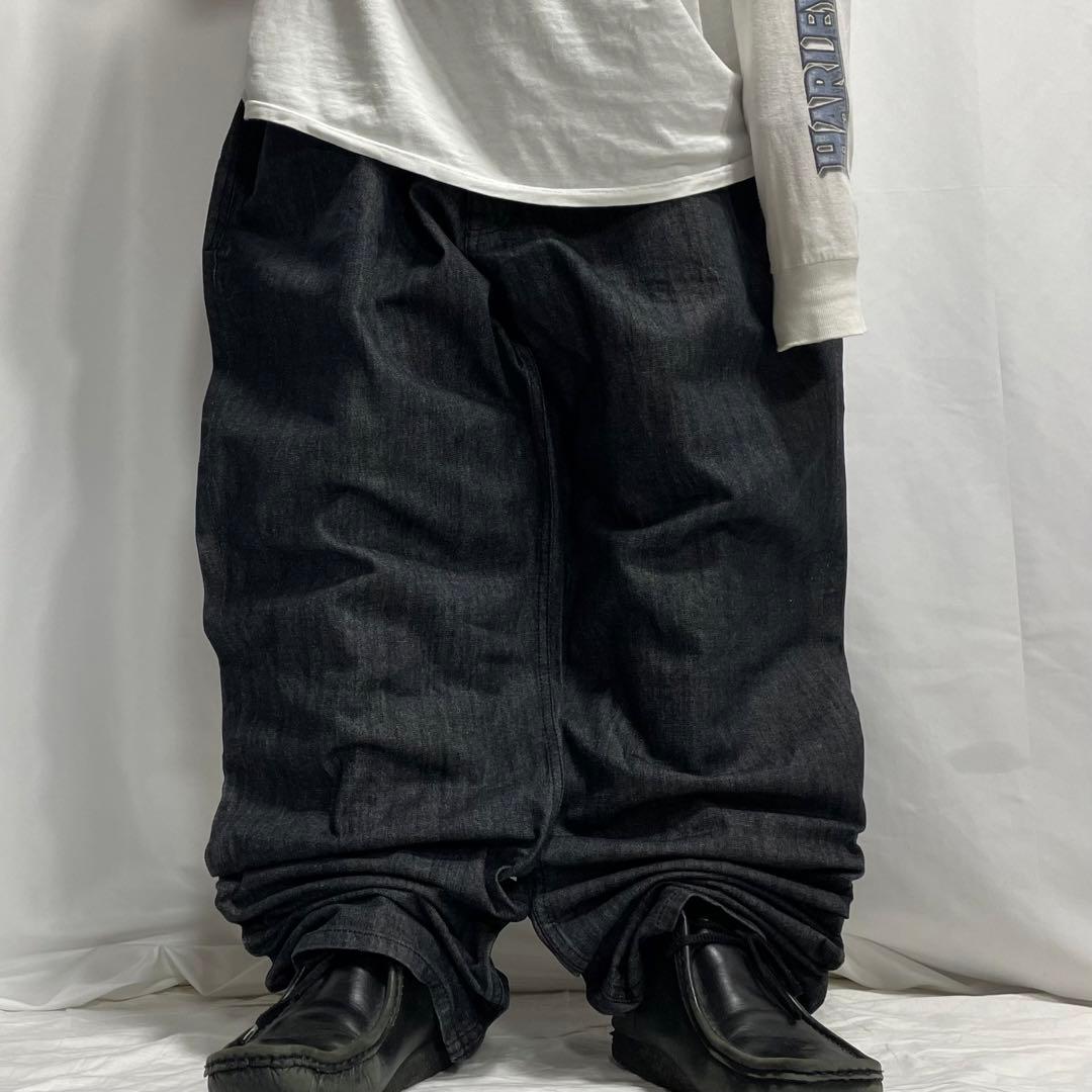 00s ロカウェア 先染め ブラック ワイド デニム バギーパンツ 刺繍 極太