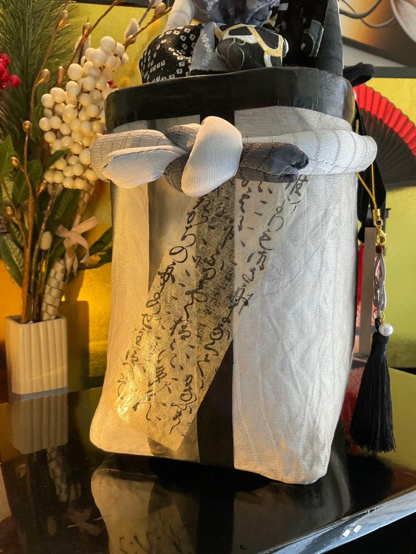 一閑張り 一閑張りバッグ 古文書 和紙 花絵柄 着物 京友禅 正絹 墨波紋様