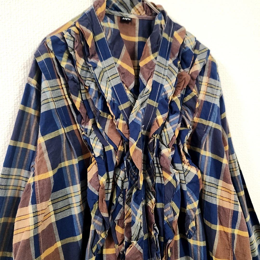 美品✨ 45R インド麦平のマドラスフリルカシュクールブラウス マドラス