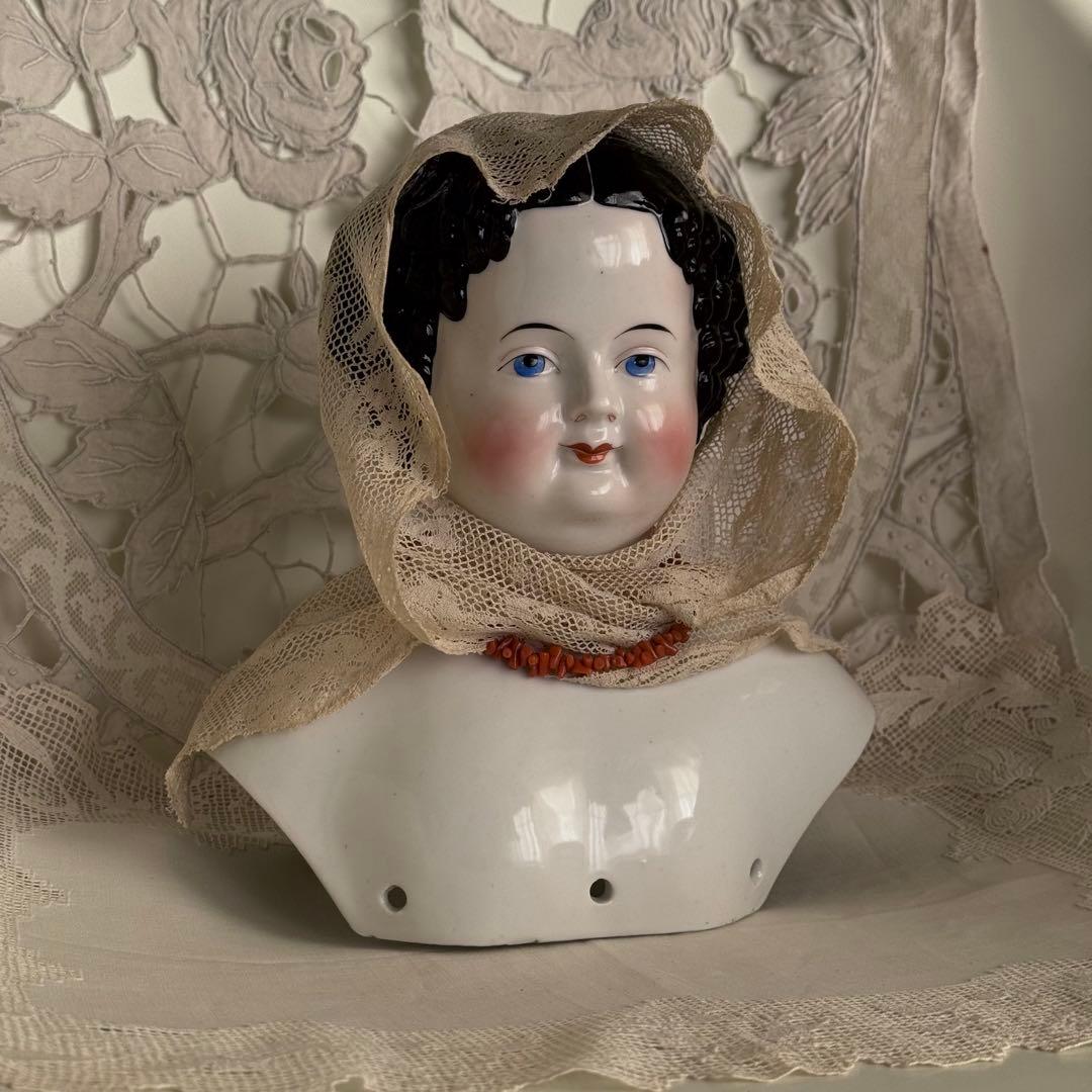 19世紀 チャイナドール 磁器製ヘッド　特大サイズ 約21cm 希少
