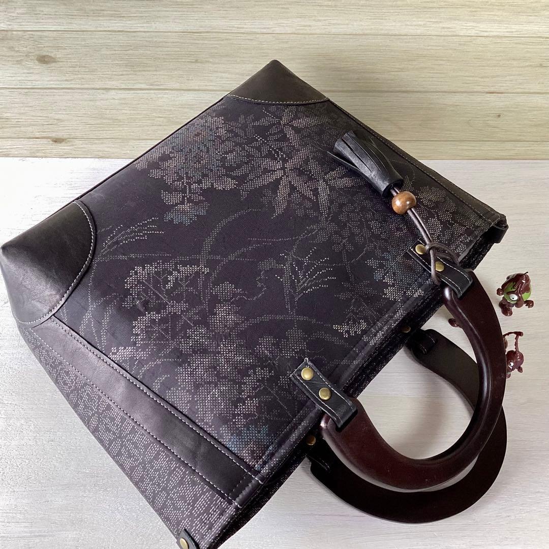 花柄 大島紬×本革 着物リメイク トートバッグ 和装バッグ ハンドメイド A4