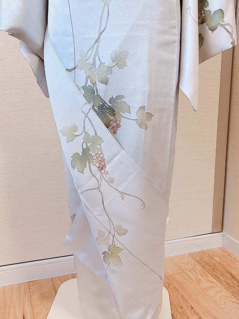 美品 訪問着 フルセット 本加賀友禅 裄66 葡萄 卒業式 入学式 M グレー