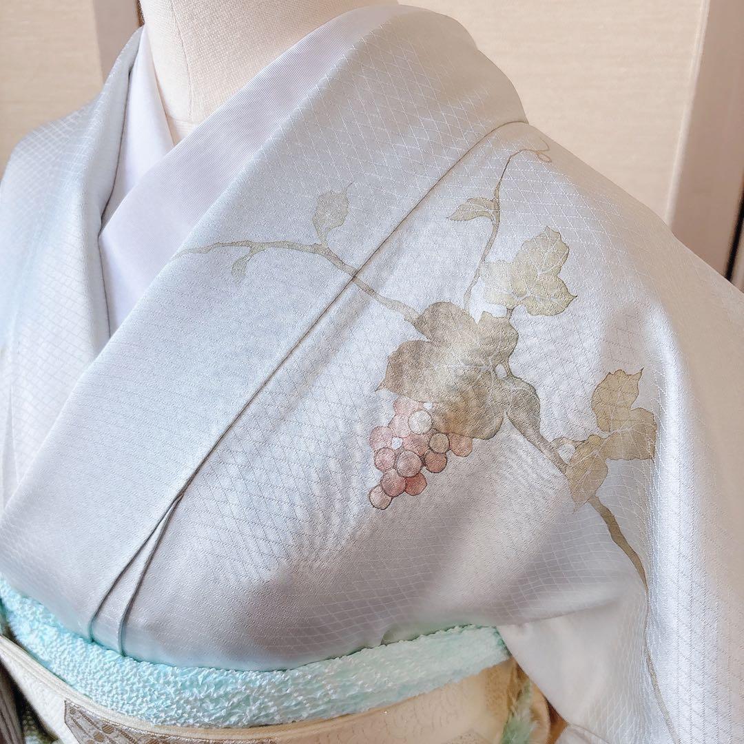 美品 訪問着 フルセット 本加賀友禅 裄66 葡萄 卒業式 入学式 M グレー