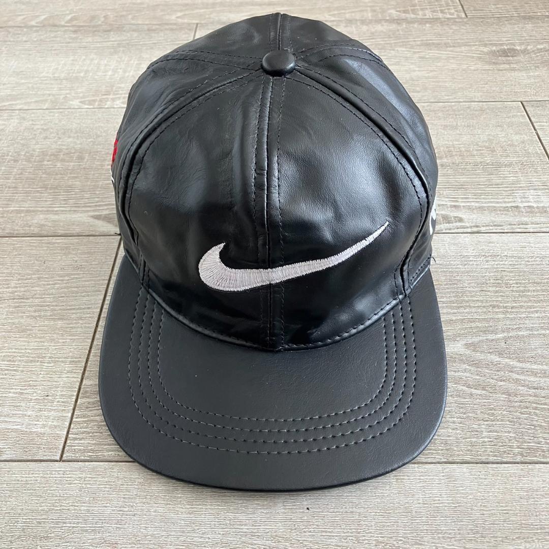 希少 90s NIKE ナイキ レザー キャップ 黒 スウッシュ フリーサイズ