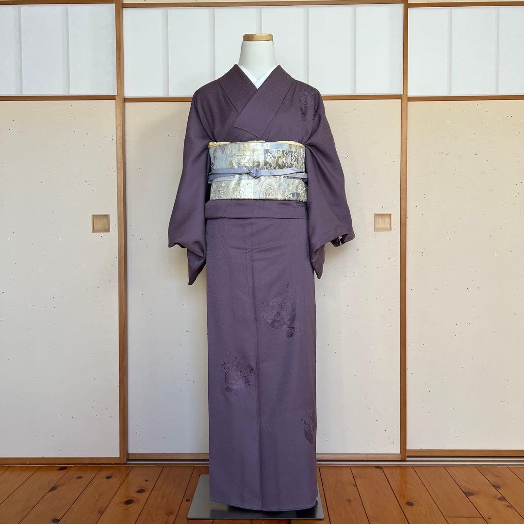 正絹 ちりめん スワトウ刺繍 色無地