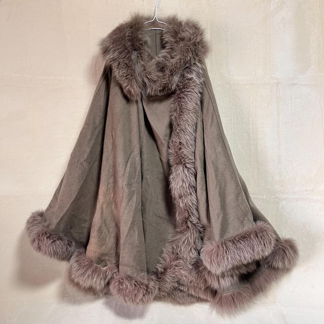 は*な様 ファー付ケープ ポンチョ カシミヤ ミンク アンゴラ カーキブラウン ケープ カシミヤ 100%[品番：SNKC0001244]｜sankyo shokai