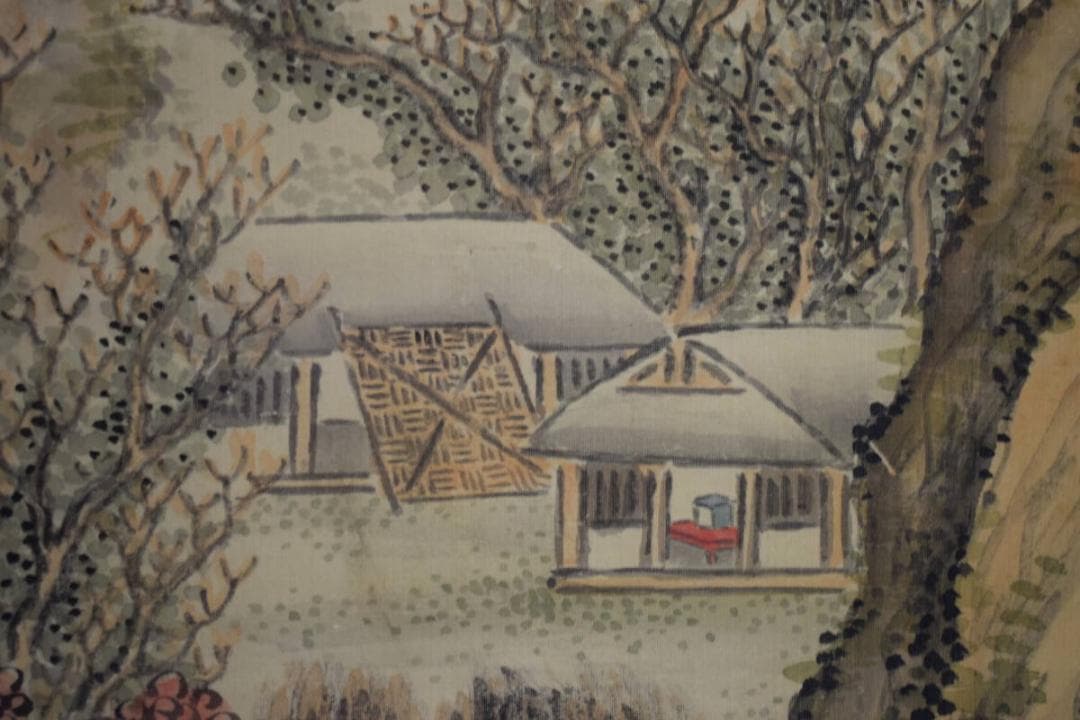 真作/帆足杏雨/秋景山水人物画賛/軸先紫檀/布袋屋掛軸HF-