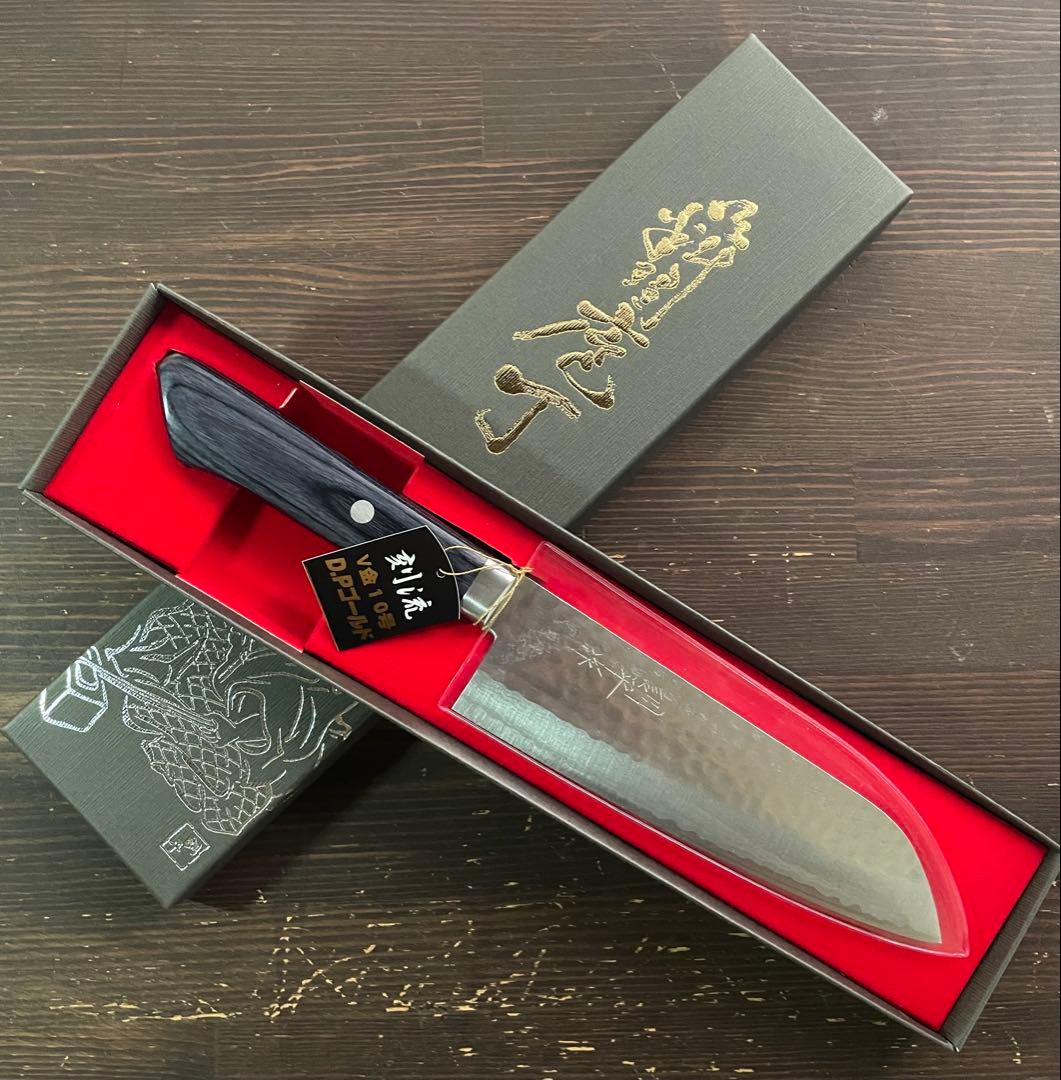 増谷刃物 訓平作 三徳包丁 VG10積層槌目 刻流 口金有 紺柄