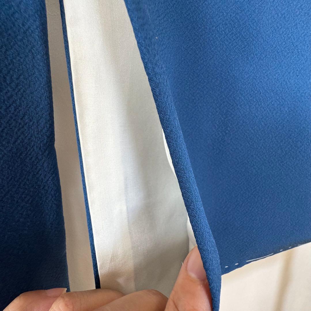 しつけ付 着物 正絹 袷 色無地 176 裄69 青 ロイヤルブルー トール