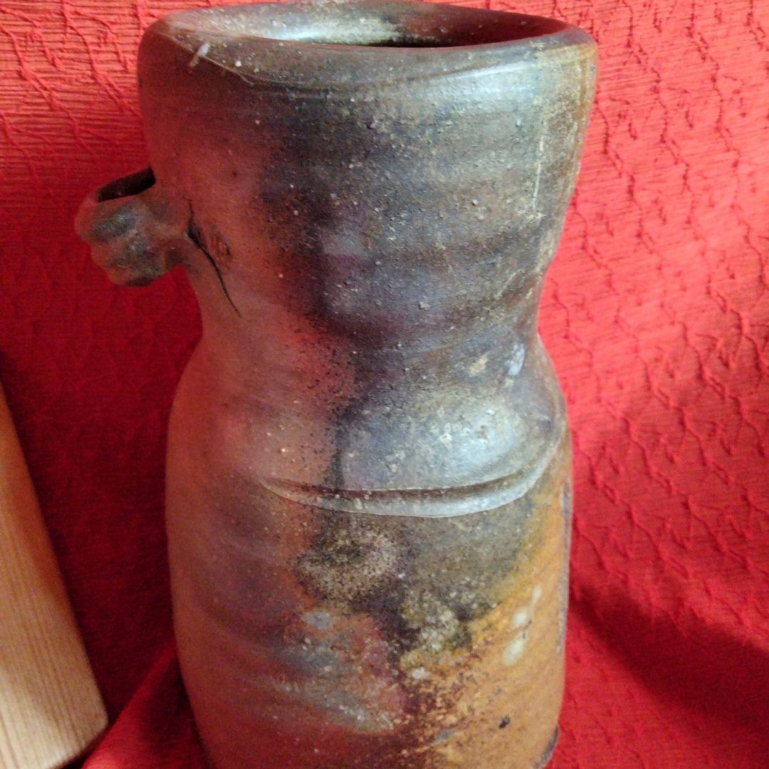 備前 髙原昌治造 釜変耳付花入 登窯 二点 栞無し 共箱あり 川口陶楽苑