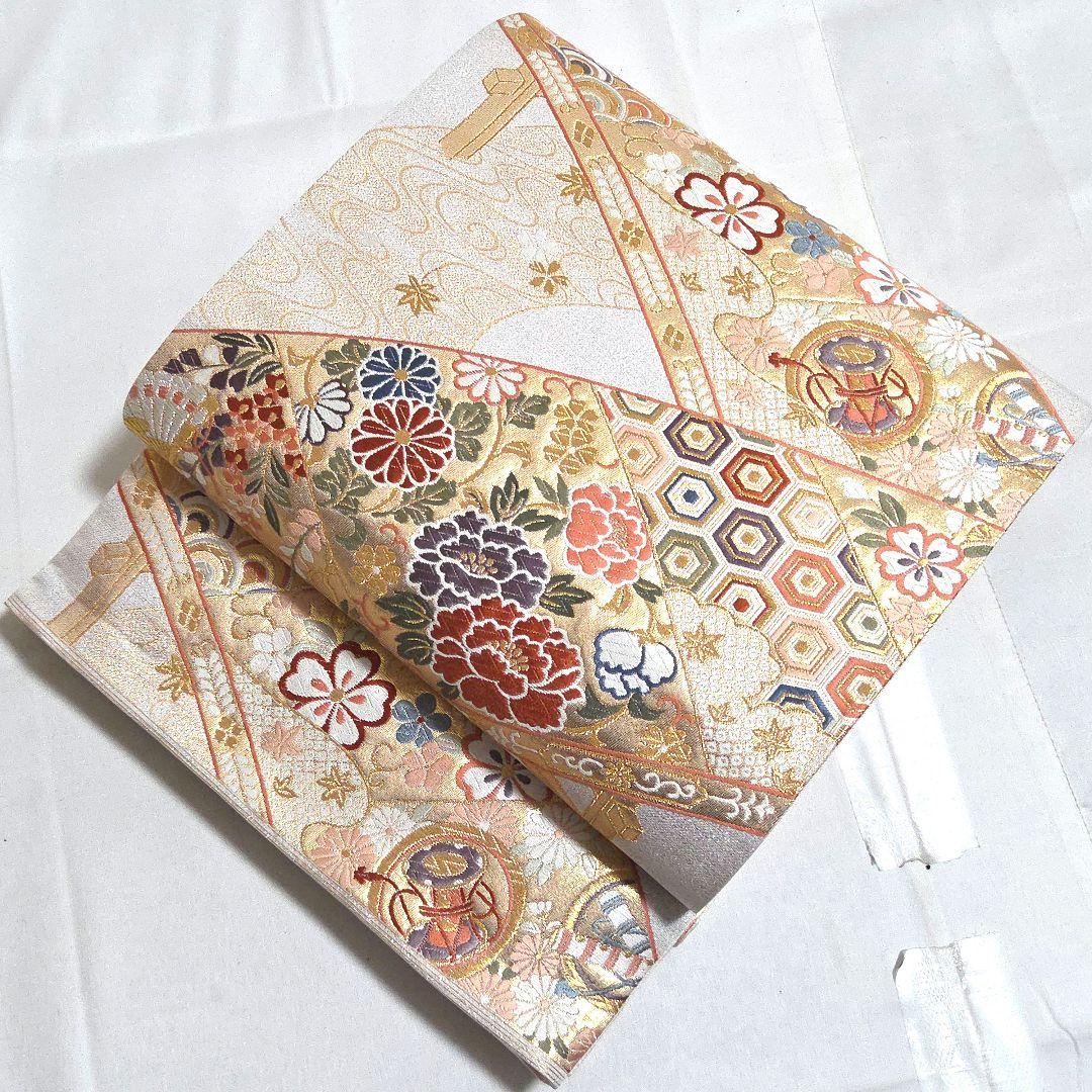 A5◇着物くつろぎ 美品 西陣織 能衣華橋 金 桜 六通 正絹 フォーマルな