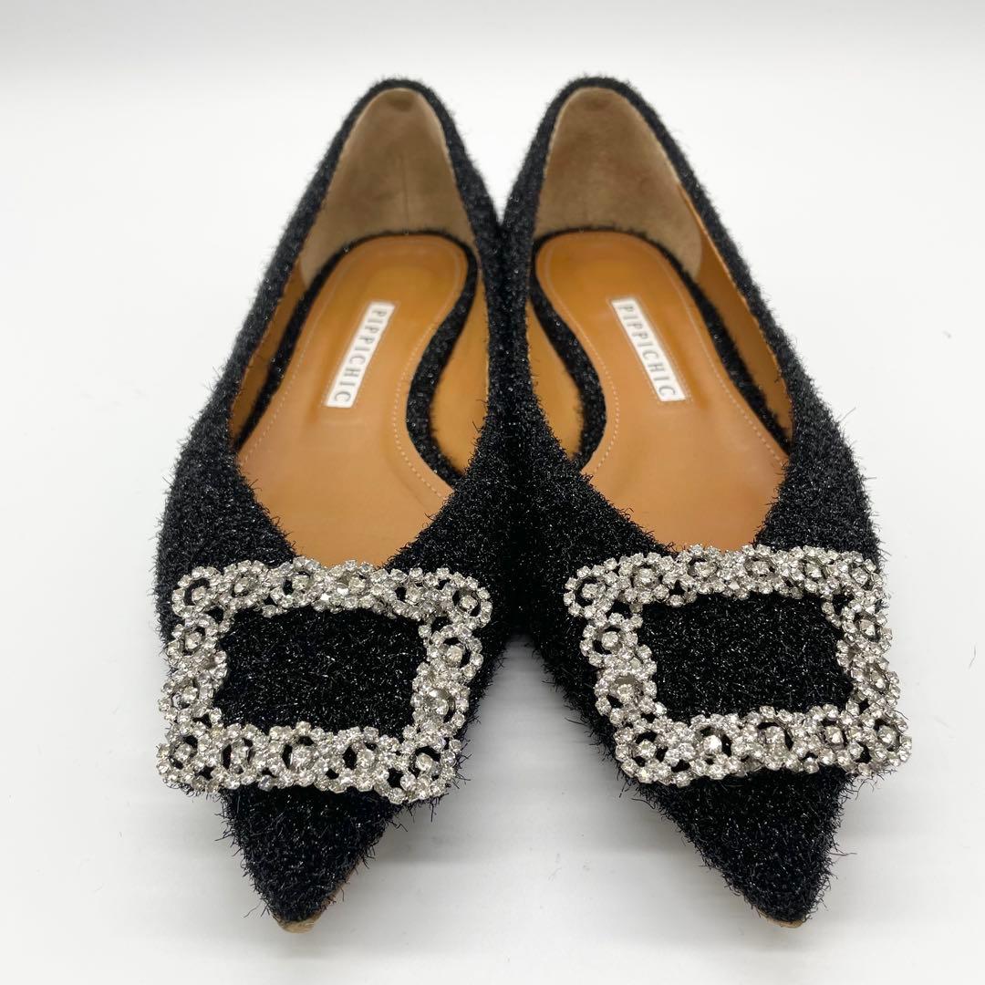 PIPPICHIC ピッピシック フラットシューズ ビジュー 黒 24.0cm