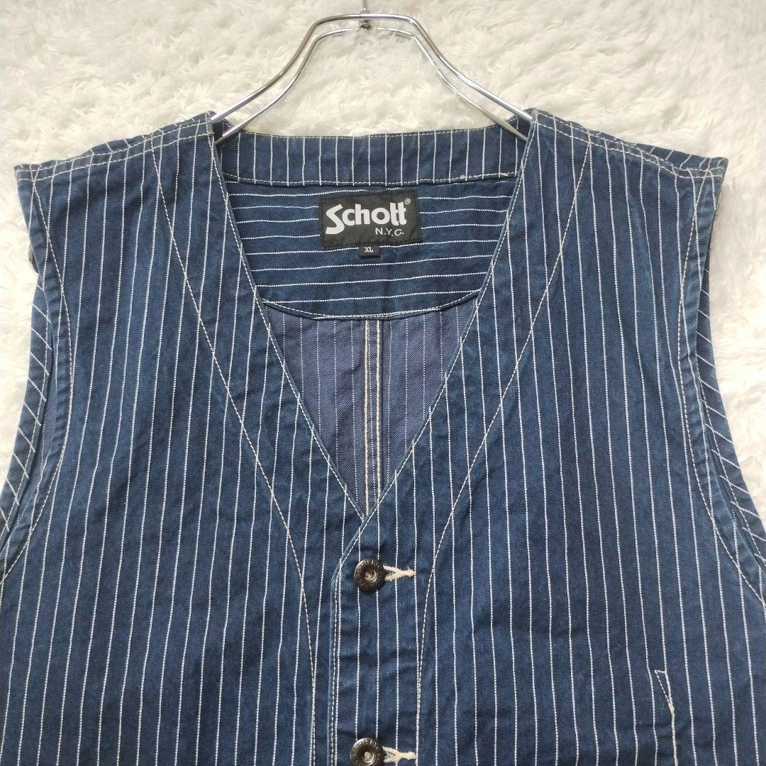 希少☆美品☆Schott デニムベスト ヒッコリー ストライプ XL 青 ブルー