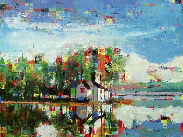 油絵 菅家令子 絵 絵画 インテリア uF6-062403 風景 油絵 菅家令子 絵 絵画インテリア 額付(青緑＋金色の枠)uF6-113302花