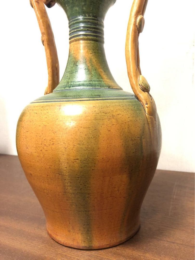 唐三彩 雙耳龍耳花瓶】 木箱付 遼三彩