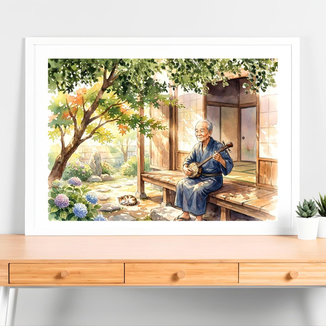 A4 縁側に響く三線の音色と初夏の庭 風景画アート 木漏れ日の癒し