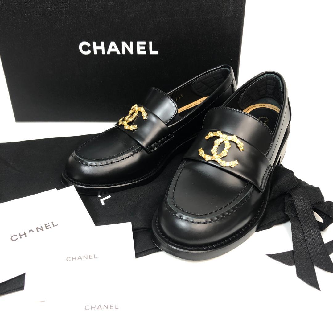 【美品】12F198 シャネル カメリア ココマーク ローファー 34C 黒 革 CHANEL（シャネル） 美品△CHANEL 22B G39206 ココマーク金具付き 厚底