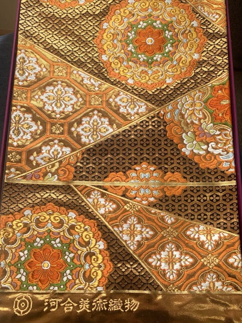 さ*4様 西陣　河合美術織物　正絹 袋帯　未仕立て品 Prices down2】未仕立て袋帯 「扇面に草花」 西陣織 螺鈿 日本製 京都