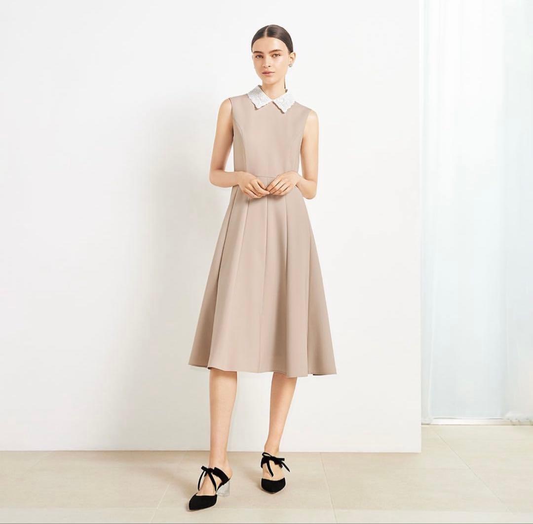 FOXEY ベージュ ノースリーブワンピース レース襟付き - メルカリ