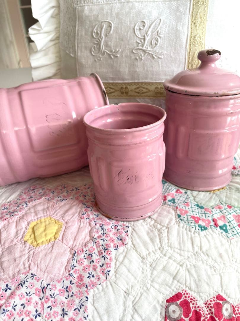 フランスアンティークキャニスター3個 2個蓋なしです·͜· ♡ フランス アンティーク ホーロー製 キャニスター ブルー 4個セット N