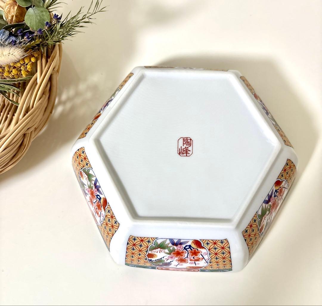 有田焼 陶峰窯 中鉢 古伊万里 色絵 牡丹 菊 梅 花文様 六角中鉢 1点