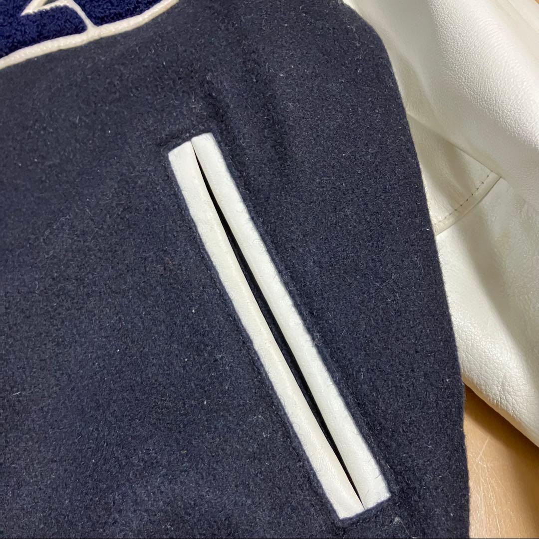 スタジャン ネイビー/ホワイト レザー袖 - メルカリ