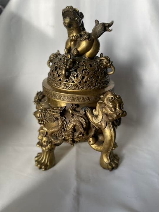 真鍮製 超特大 香炉 高級黄銅製香炉 銘有り 獅子 龍 縁起物 14.70Kg