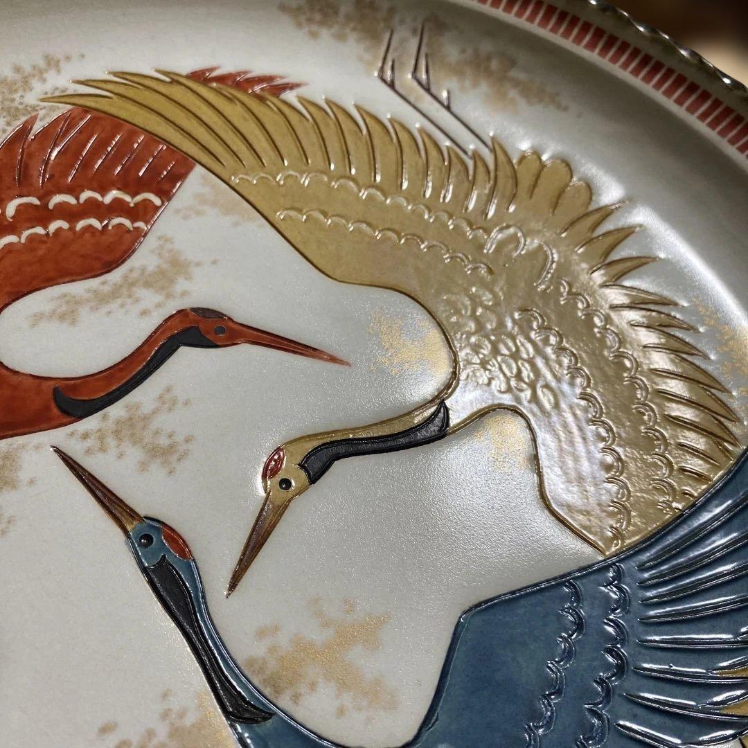 色絵三鶴 額皿 螢窯 中村翠恒氏作 34㎝ 共箱