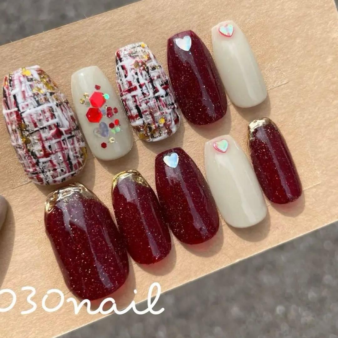 ネイルチップ現品 山田涼介 ライブネイル 在庫処分 赤ネイル ツイード